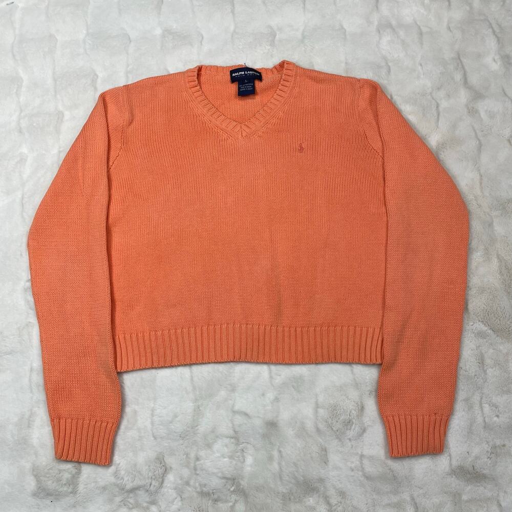 🔥Vintage Ralph Lauren Polo Golf Women’s Size Large  V- Neck Orange Knit Sweater